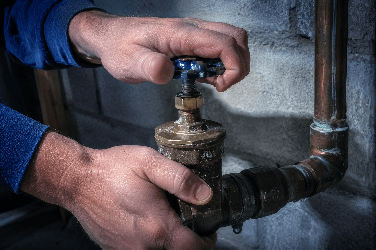 Homeowner locating and turning off main water shut-off valve during emergency