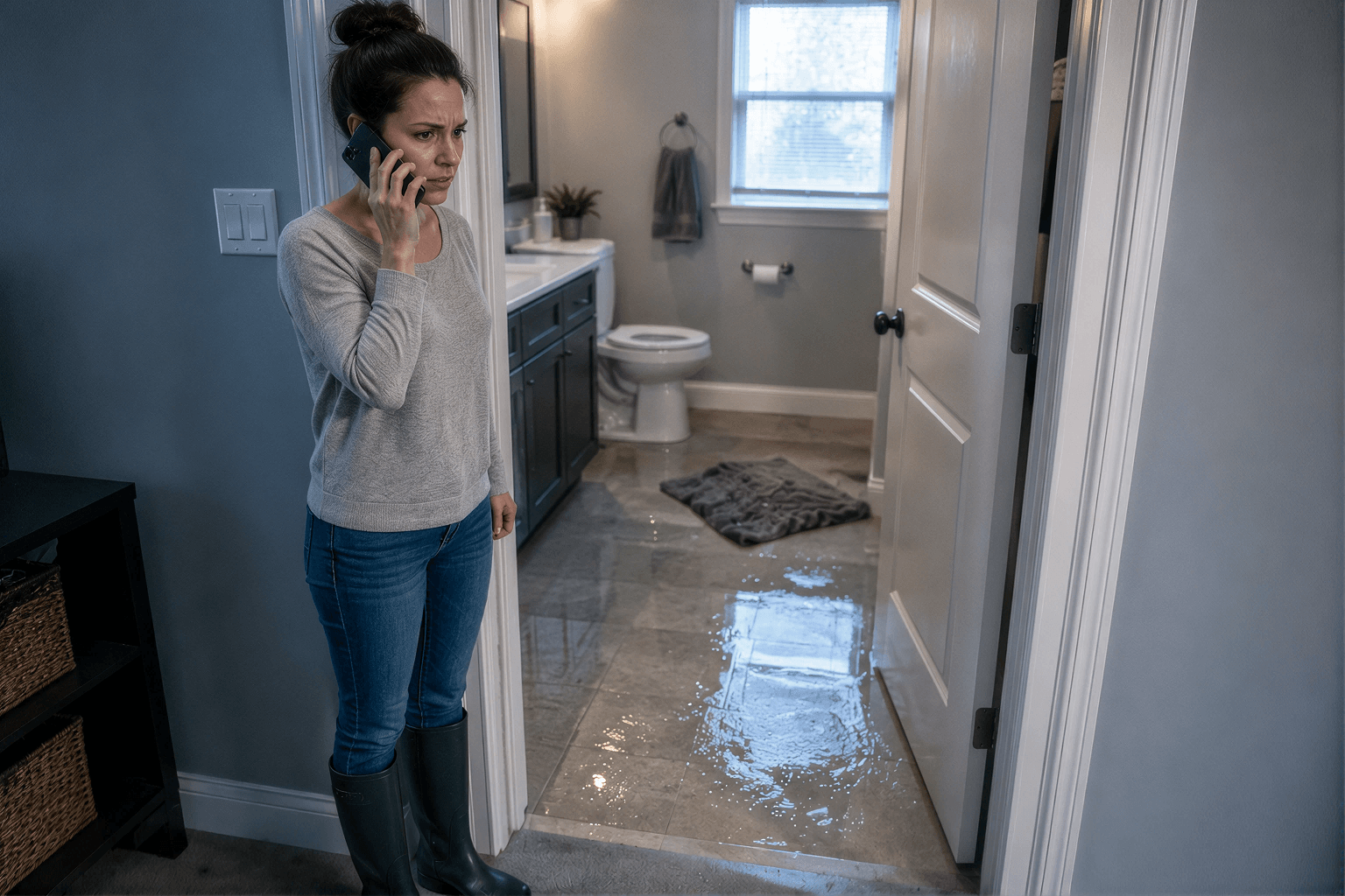 Safe response to sewer backup emergency - calling professional help