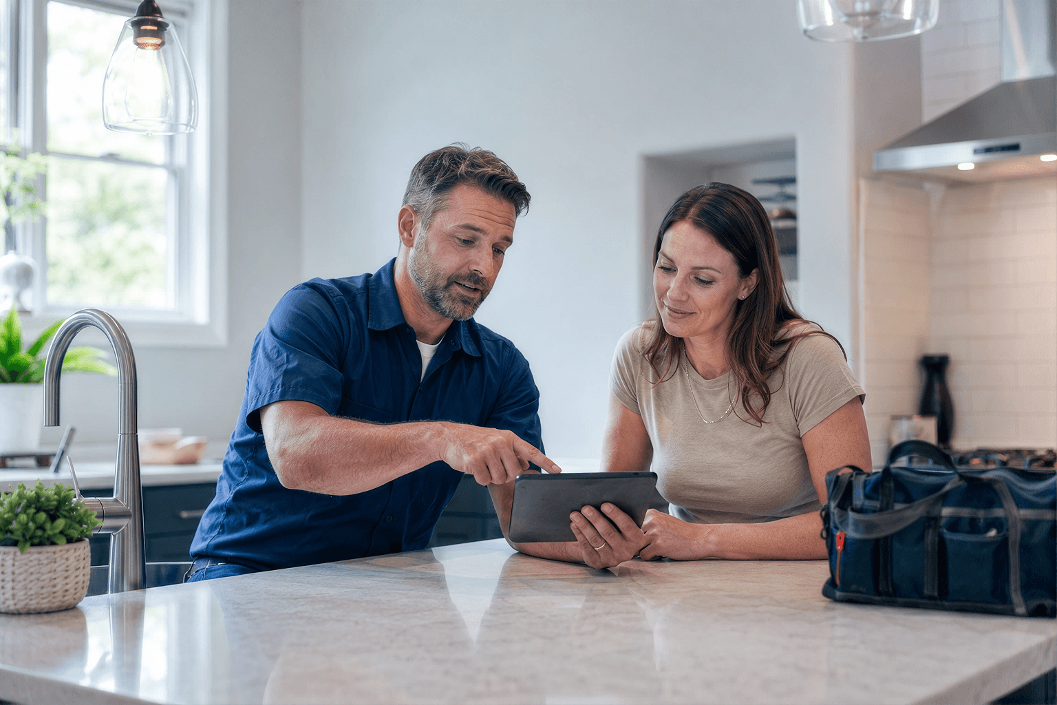 Professional plumber providing cost estimate to homeowner - plumbing pricing guide