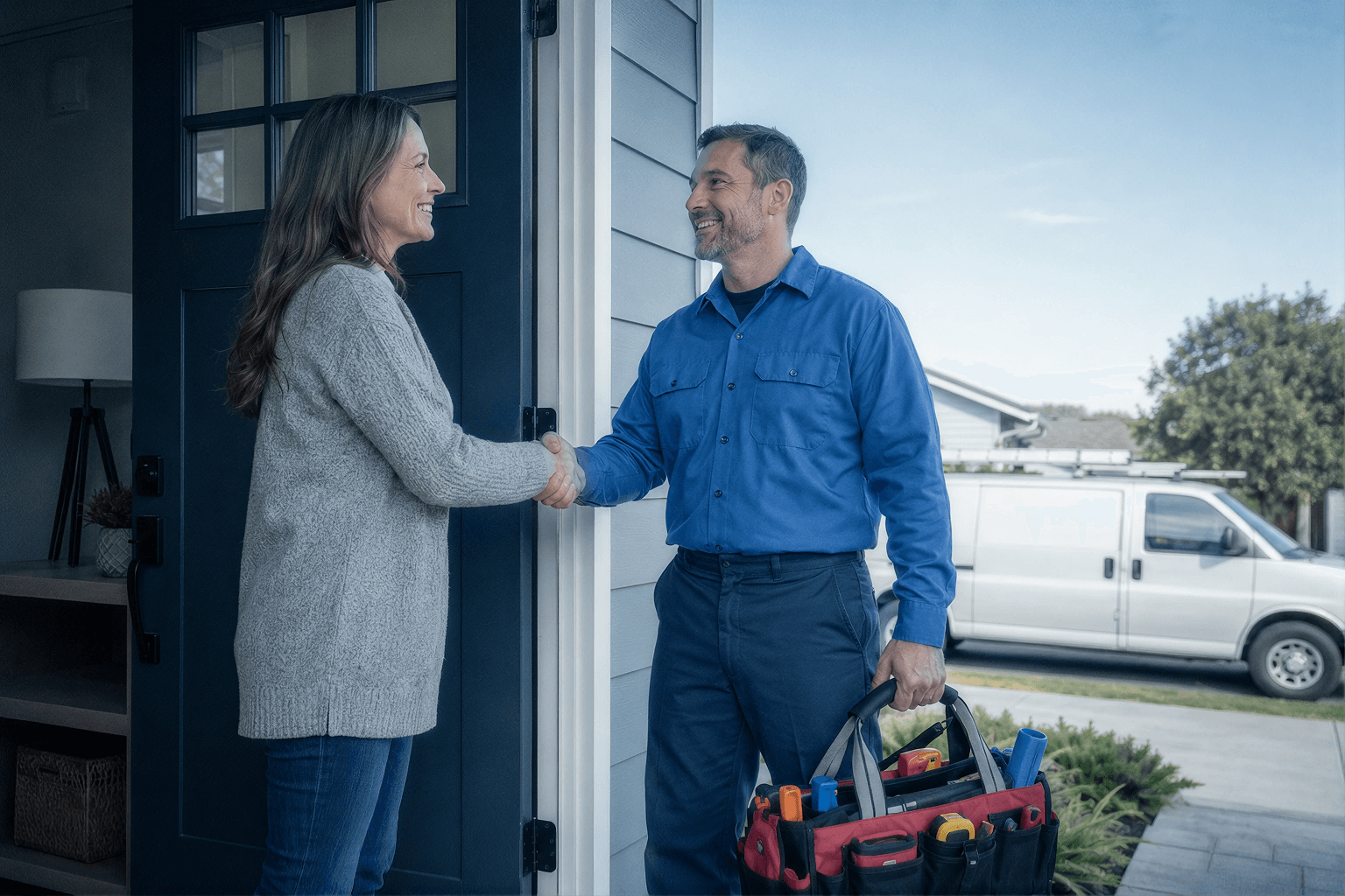 Licensed plumber meeting with homeowner - finding trustworthy plumbing services