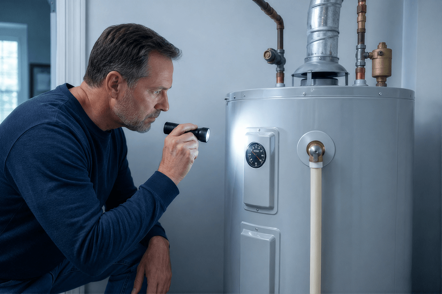 Water heater maintenance being performed by professional plumber
