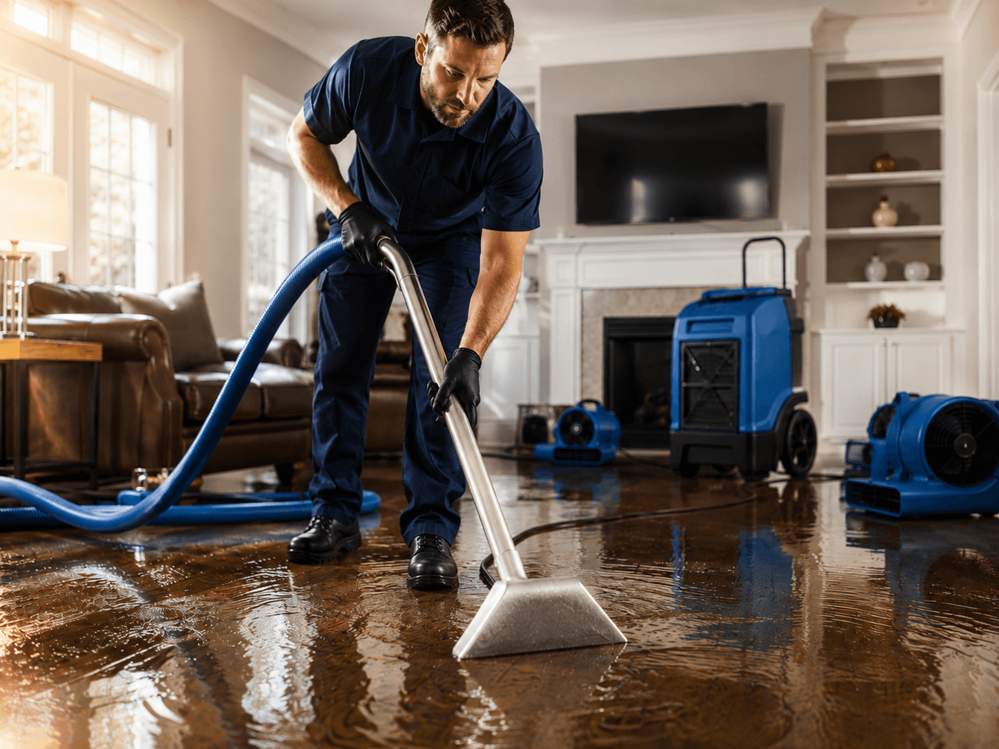Licensed plumber repairing pipes under sink in residential home