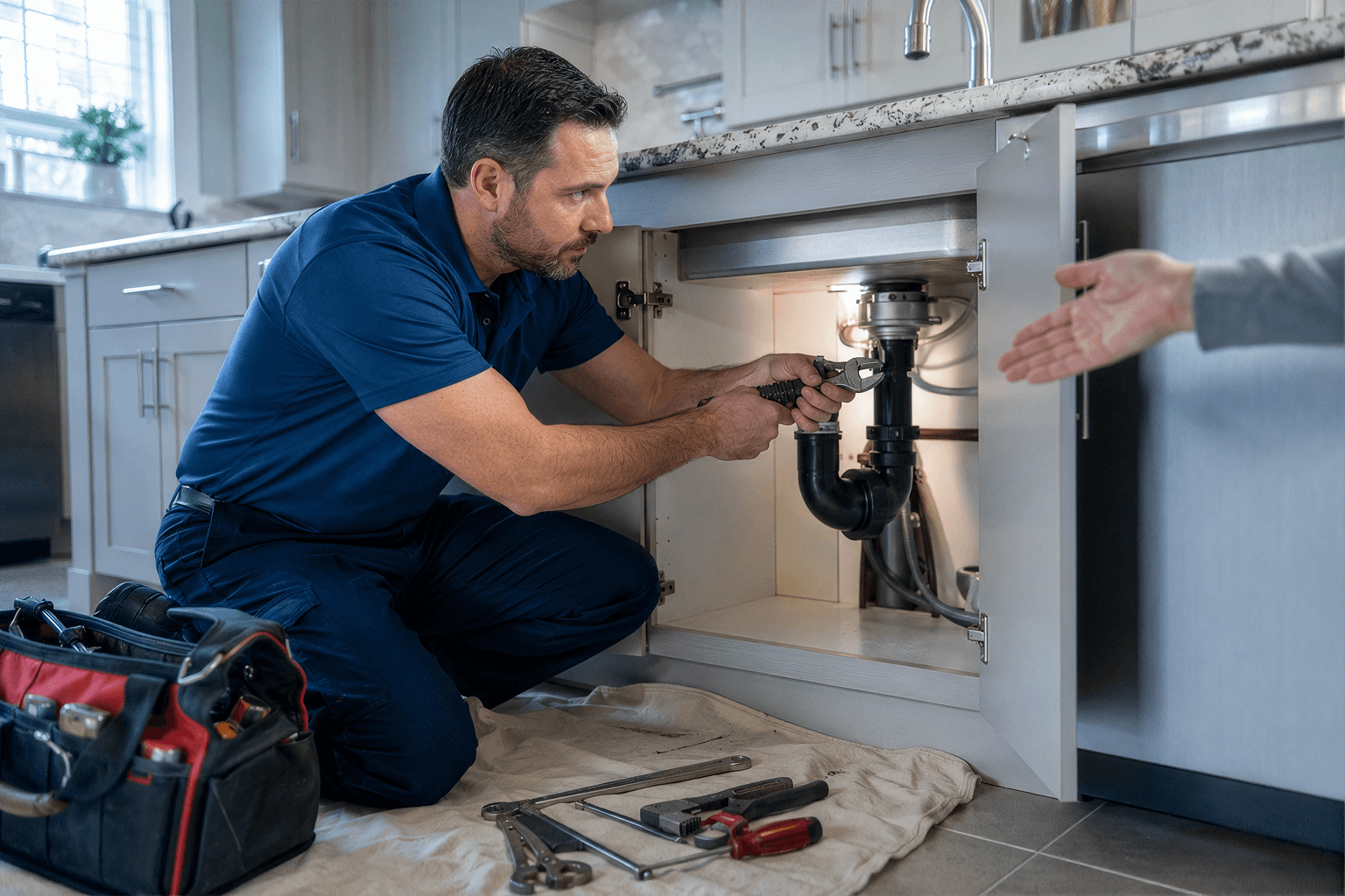 Licensed plumber repairing pipes under sink in residential home