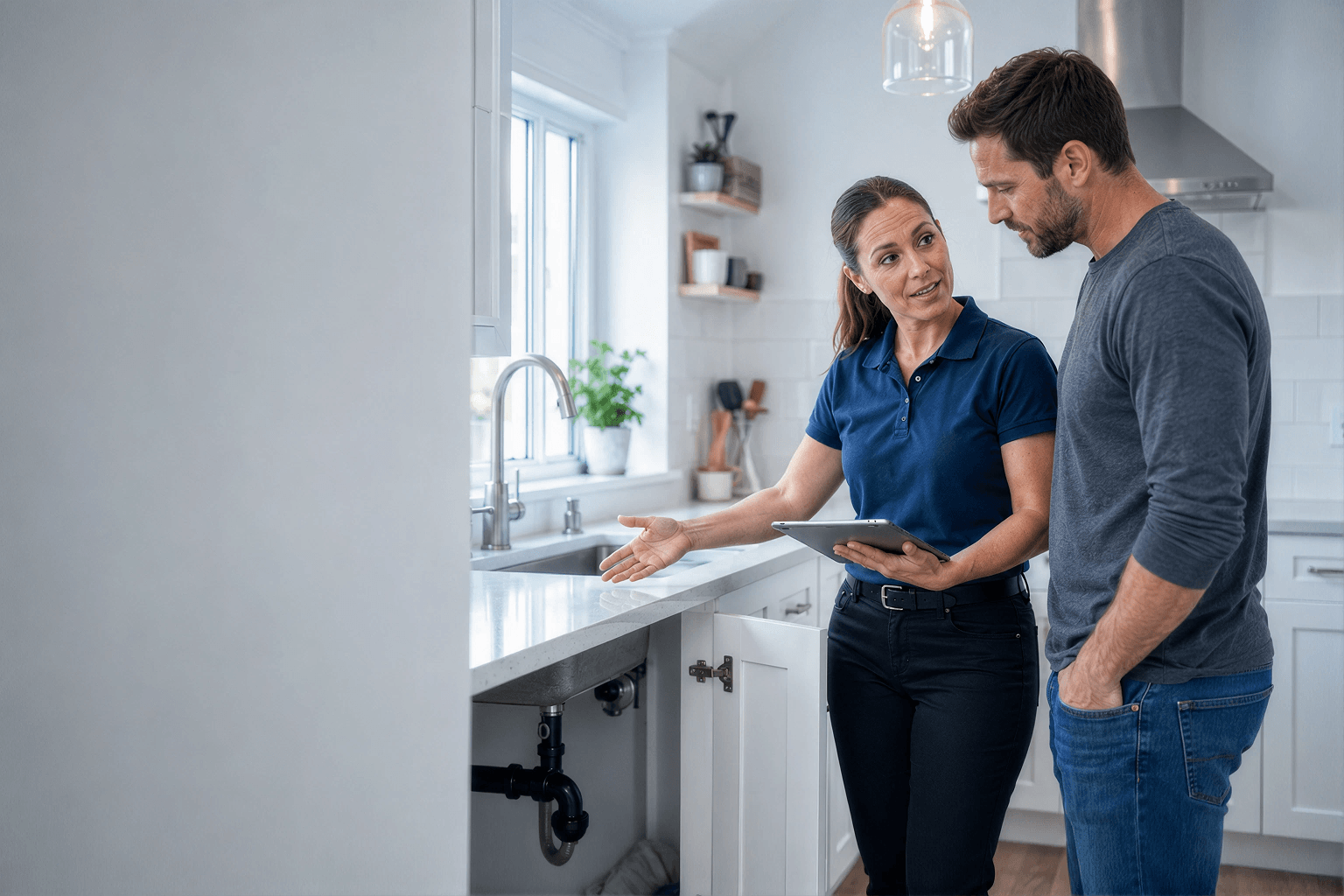 Professional plumber providing expert guidance and consultation to homeowner