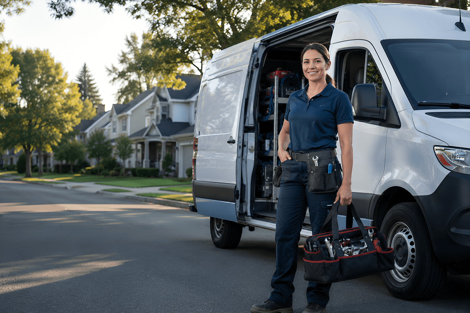 Professional plumber with service van providing nationwide plumbing coverage