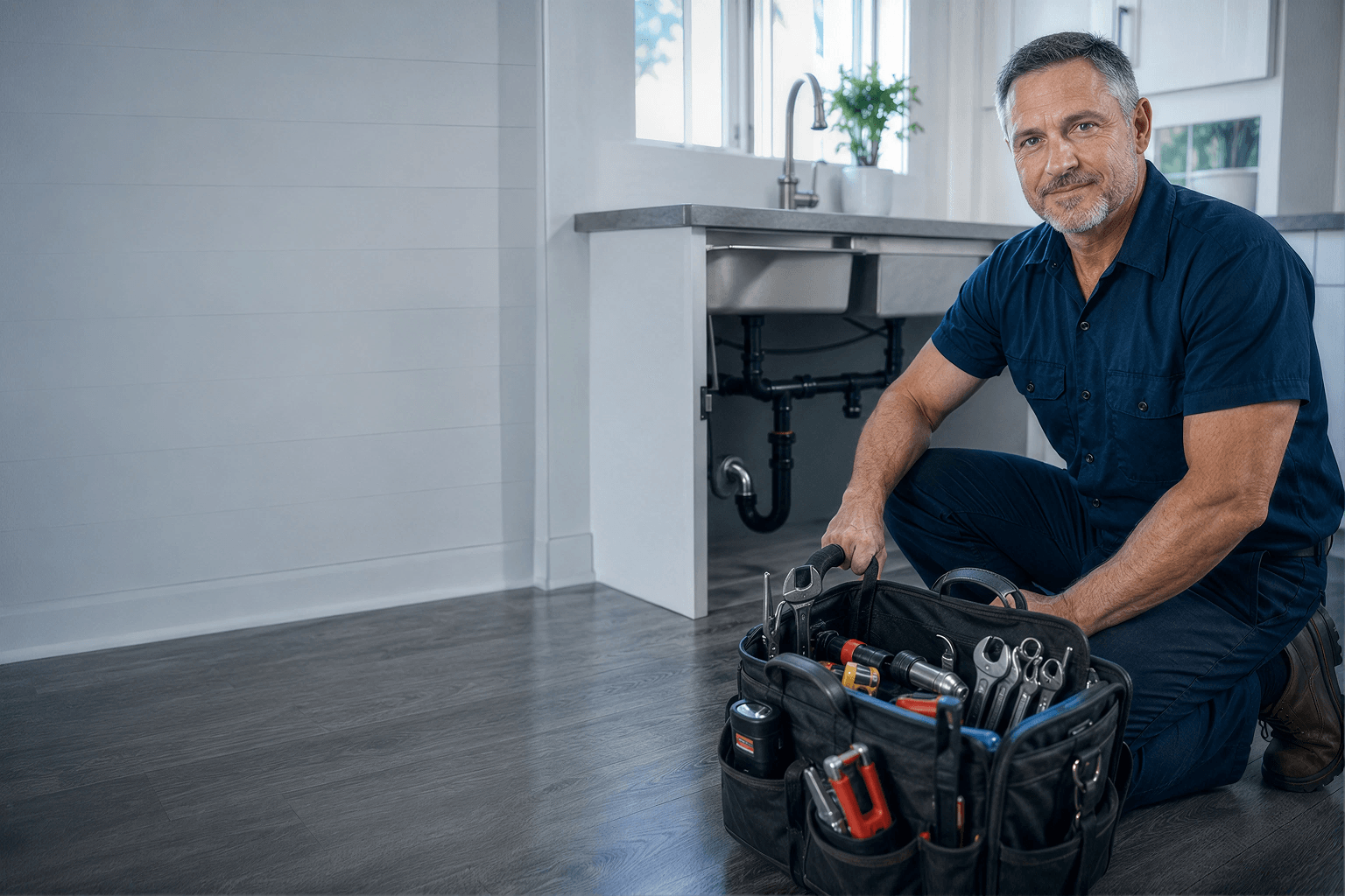Professional plumber with full toolkit ready to provide comprehensive plumbing services