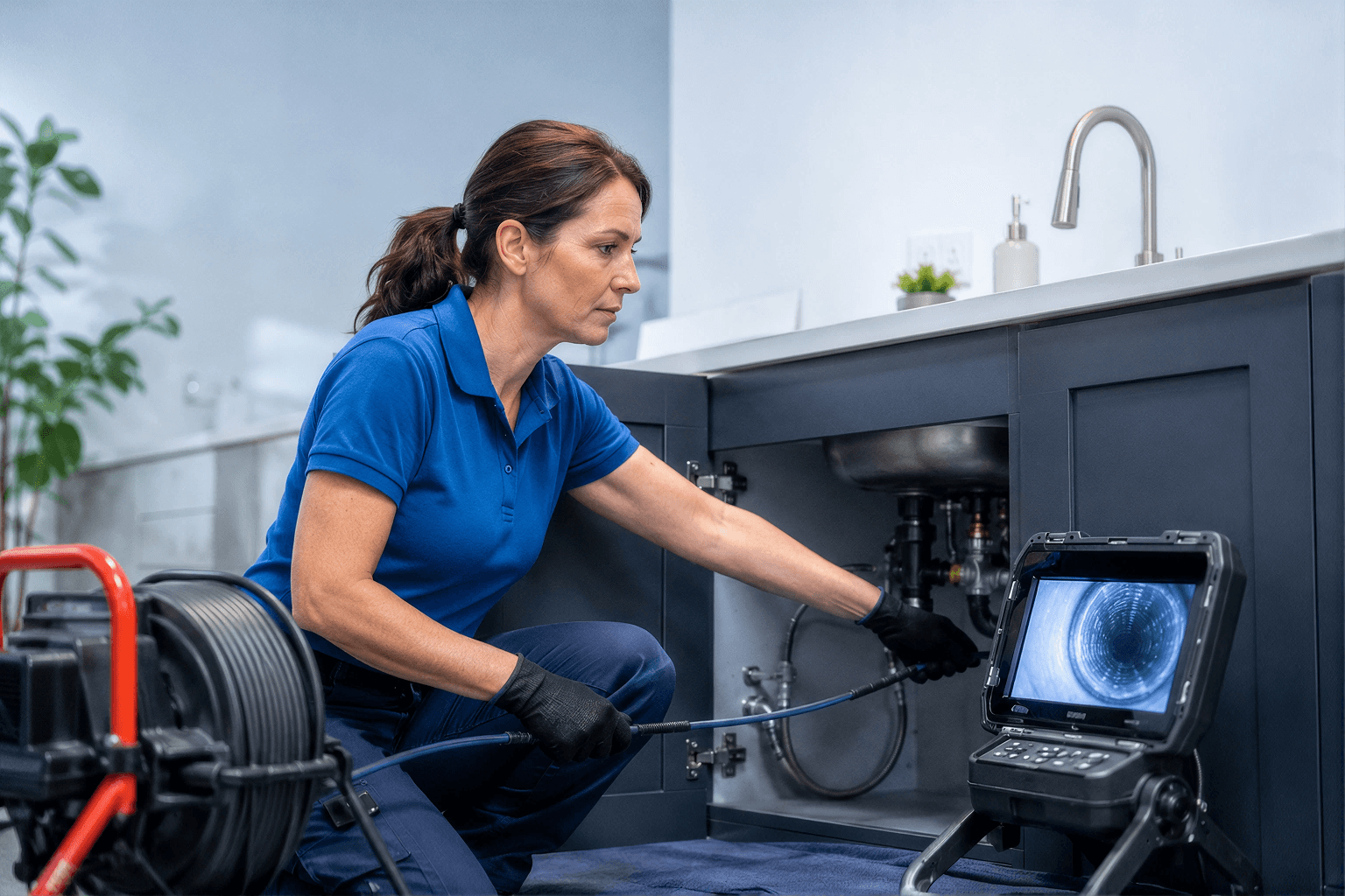 Professional plumber using drain cleaning equipment to clear clogged pipes