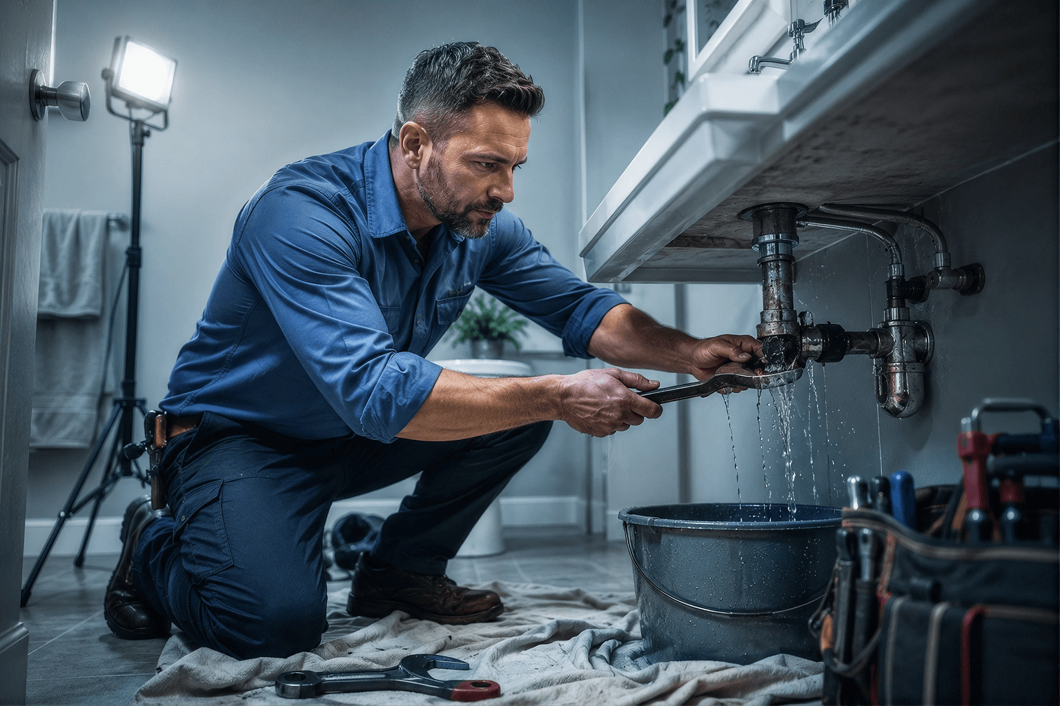 Emergency plumber responding to urgent plumbing call with professional tools and equipment