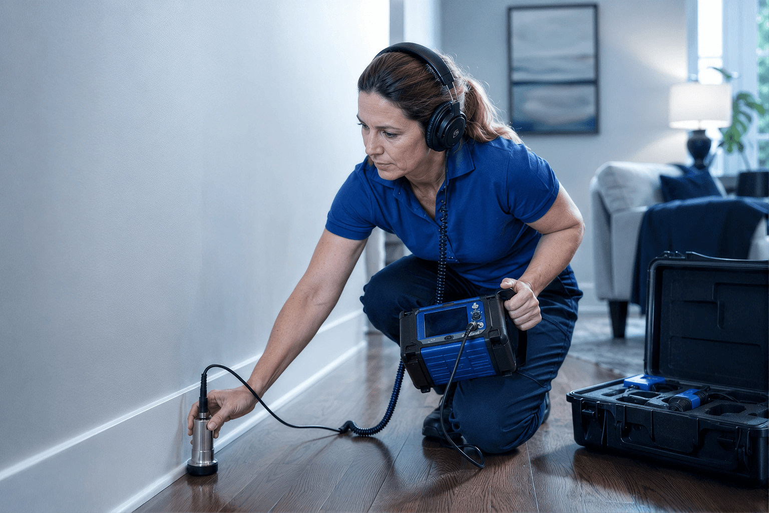 Plumber using professional leak detection equipment to locate hidden water leaks