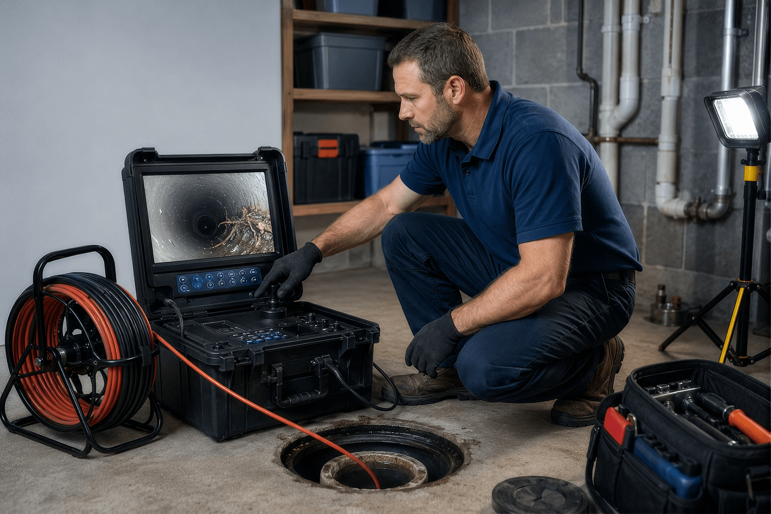 Professional sewer line inspection and repair service with camera equipment