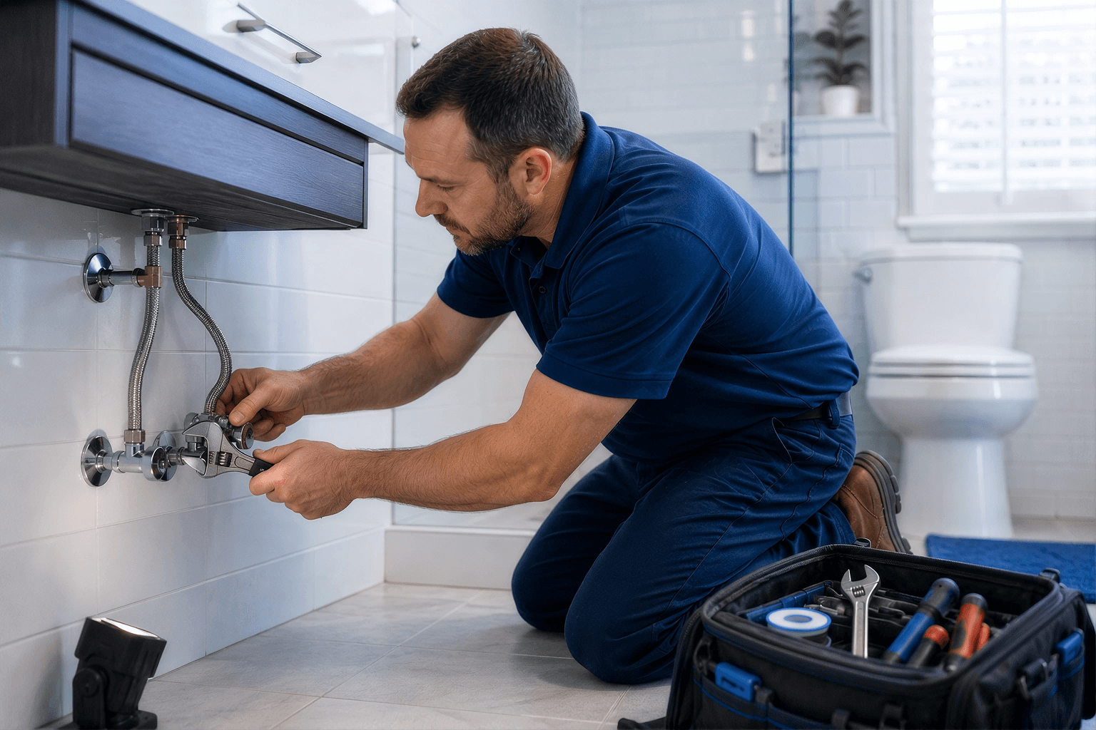 Professional plumber performing bathroom fixture repair and installation