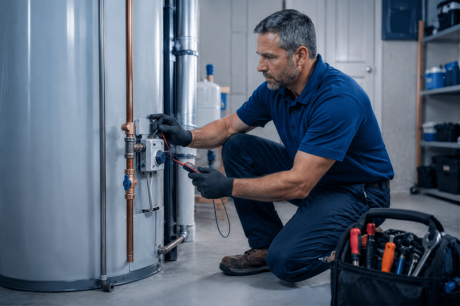 Licensed plumber servicing residential water heater for repair or installation