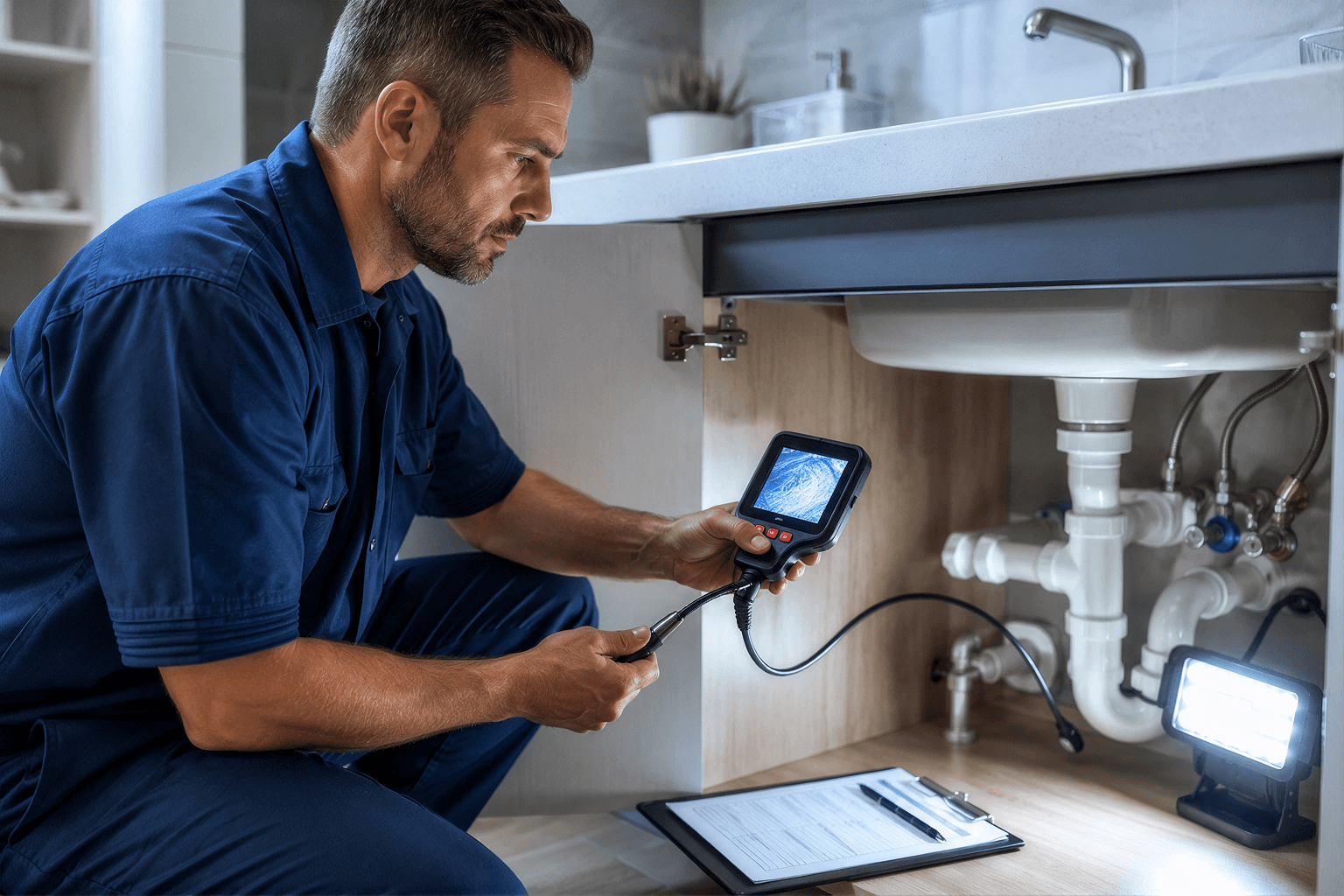 Professional plumber inspecting pipes and diagnosing plumbing issues in residential home