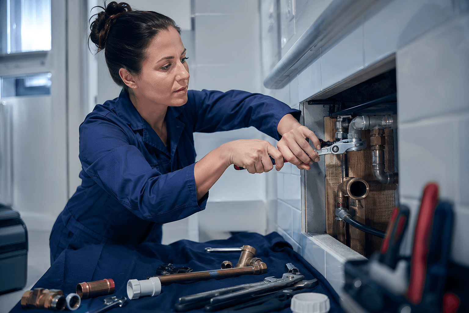 Licensed plumber performing expert pipe repair with professional tools and quality materials
